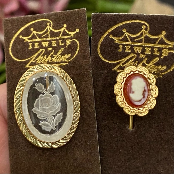 Vintage Jewels Park Lane Rose Flower Intaglio & Mini Victorian Cameo Stick Pins - Picture 4 of 10